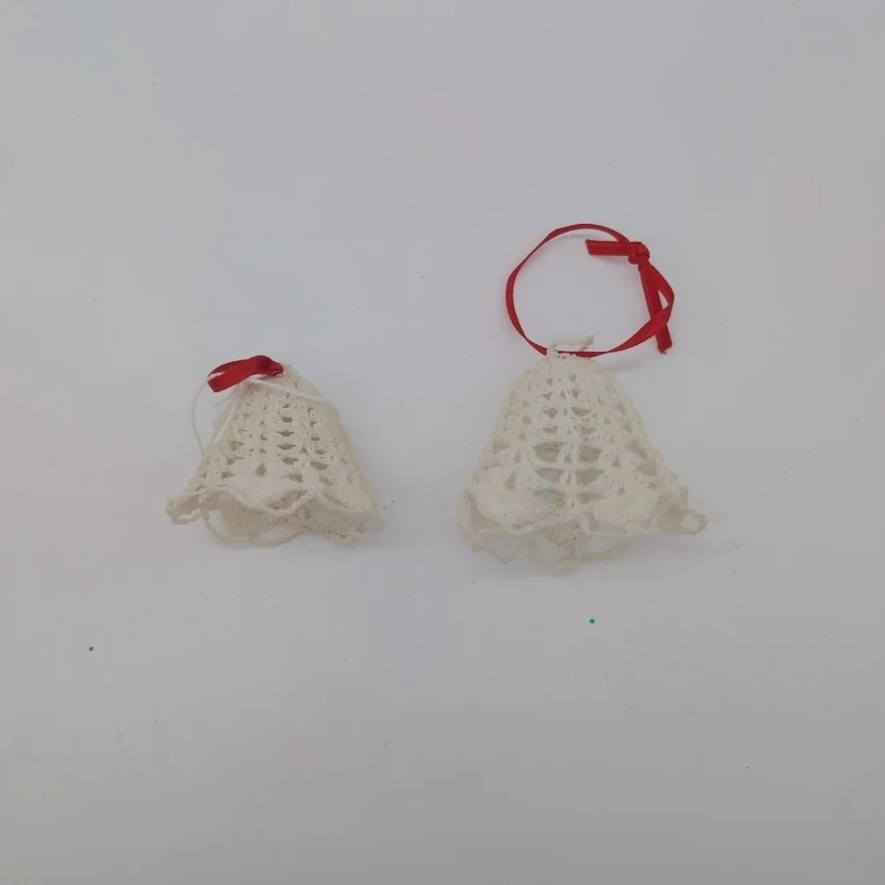 Vintage Starched Crochet Bell Pair Ornaments with Red Ribbon